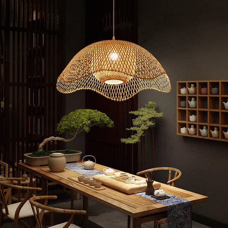 Traditional Chinese Dome Bamboo 1-Light Pendant Light For Living Room
