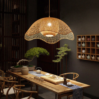 Traditional Chinese Dome Bamboo 1-Light Pendant Light For Living Room