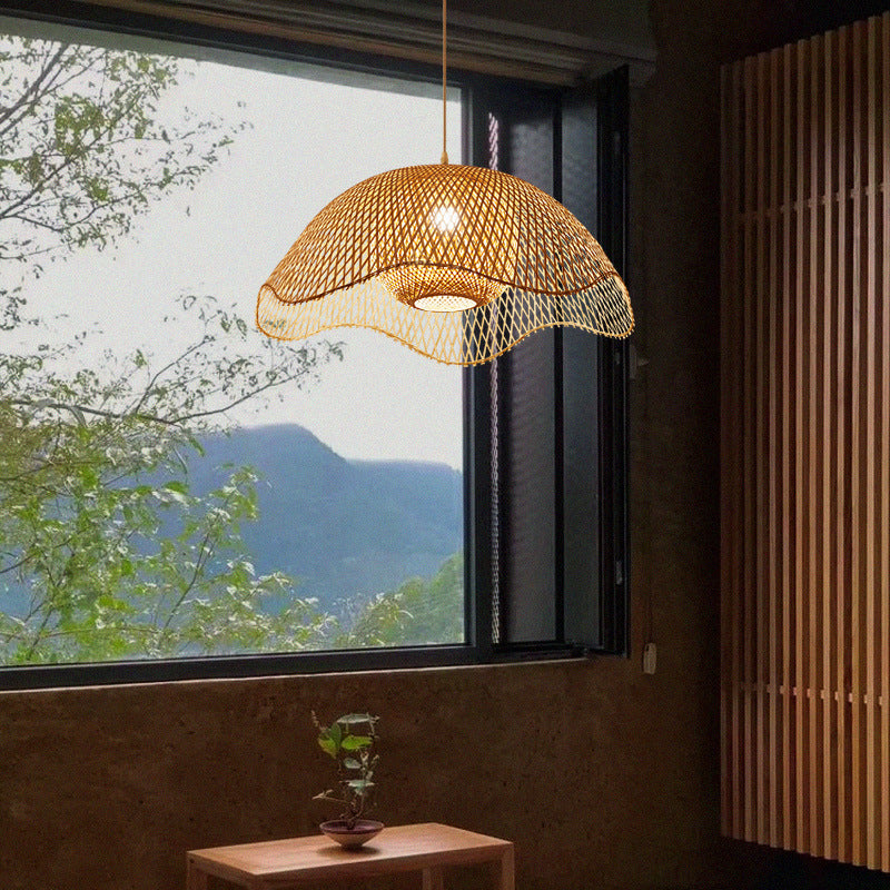 Traditional Chinese Dome Bamboo 1-Light Pendant Light For Living Room