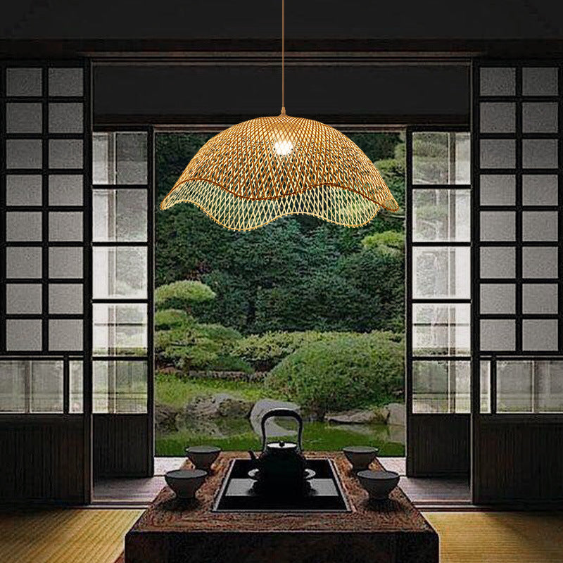 Traditional Chinese Dome Bamboo 1-Light Pendant Light For Living Room