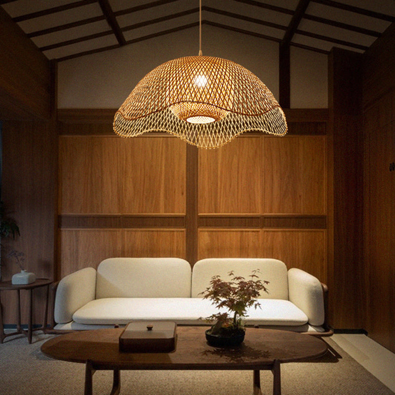 Traditional Chinese Dome Bamboo 1-Light Pendant Light For Living Room