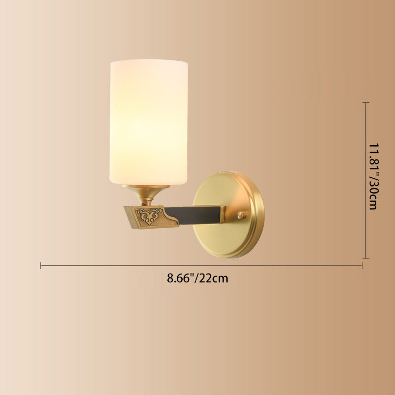 Traditional Chinese Cylinder Copper Glass 1-Light Wall Sconce Lamp For Bedroom