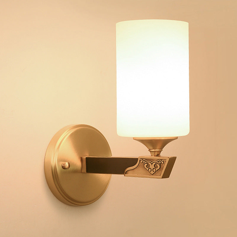 Traditional Chinese Cylinder Copper Glass 1-Light Wall Sconce Lamp For Bedroom