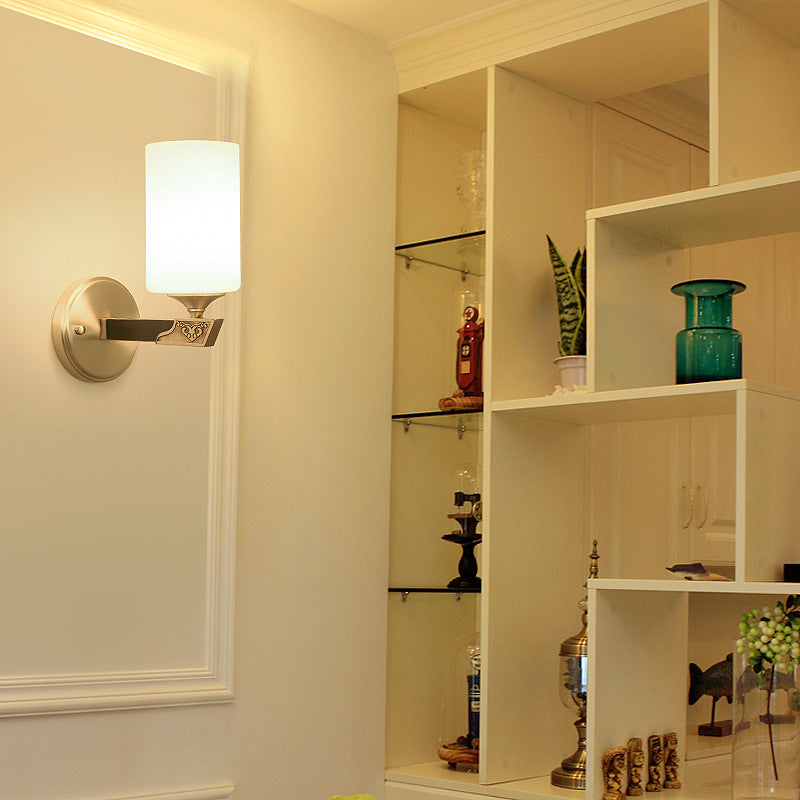 Traditional Chinese Cylinder Copper Glass 1-Light Wall Sconce Lamp For Bedroom