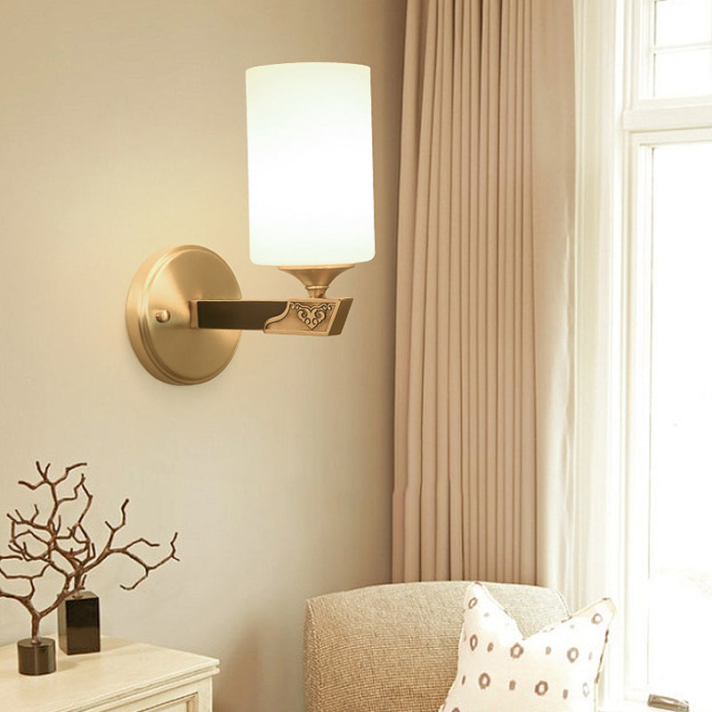 Traditional Chinese Cylinder Copper Glass 1-Light Wall Sconce Lamp For Bedroom