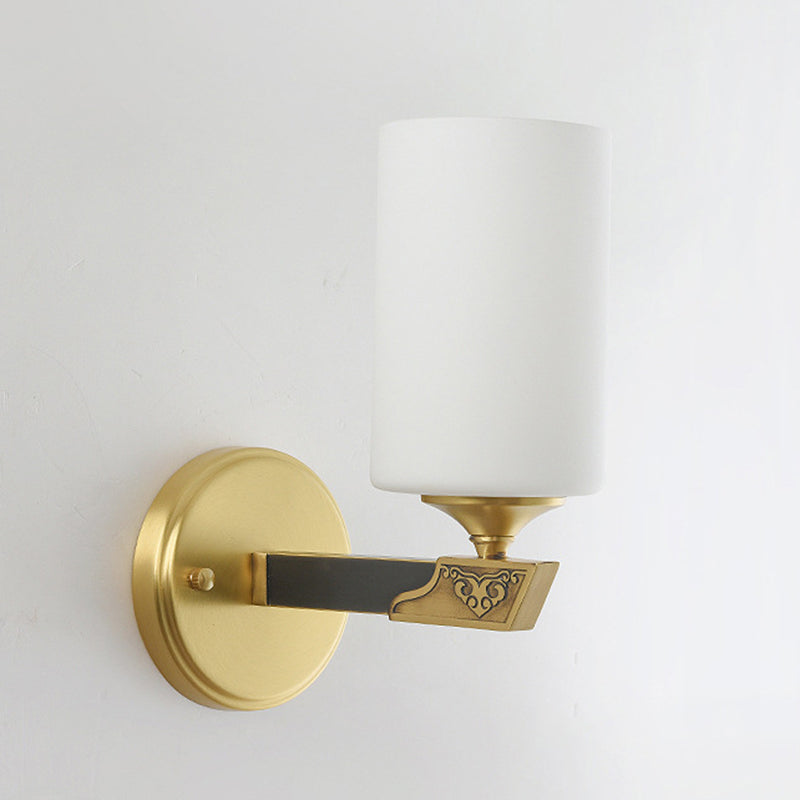 Traditional Chinese Cylinder Copper Glass 1-Light Wall Sconce Lamp For Bedroom
