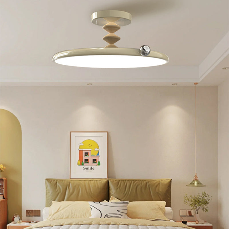 Contemporary Retro Round Iron PVC LED Semi-Flush Mount Ceiling Light For Bedroom