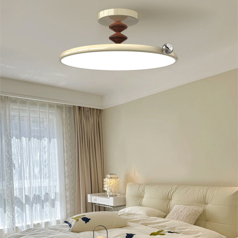 Contemporary Retro Round Iron PVC LED Semi-Flush Mount Ceiling Light For Bedroom