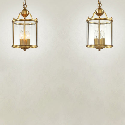 Traditional Rustic Birdcage Cylinder Copper Glass 3-Light Chandelier For Living Room