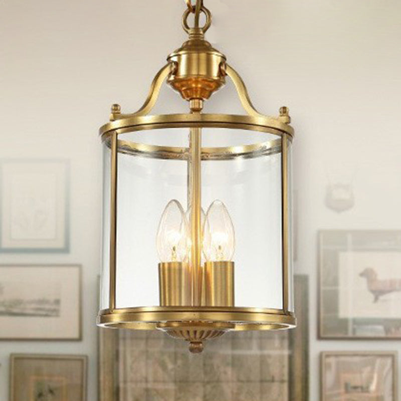 Traditional Rustic Birdcage Cylinder Copper Glass 3-Light Chandelier For Living Room