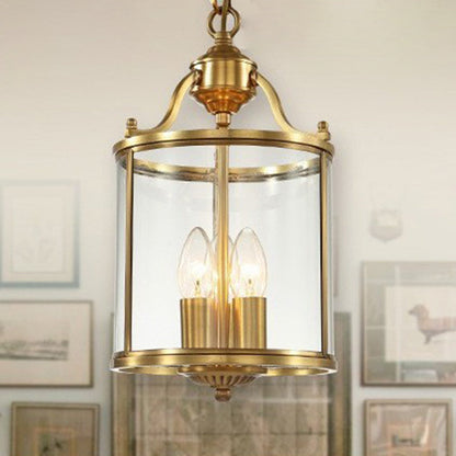 Traditional Rustic Birdcage Cylinder Copper Glass 3-Light Chandelier For Living Room