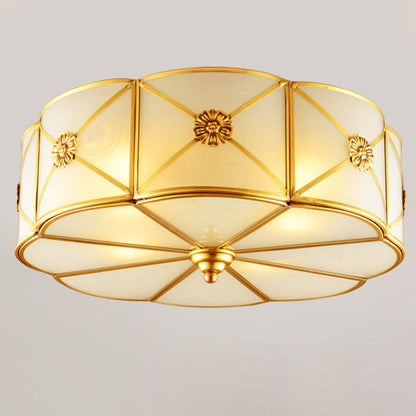 Traditional European Cylinder Copper Glass 3/4/6 Light Flush Mount Ceiling Light For Bedroom