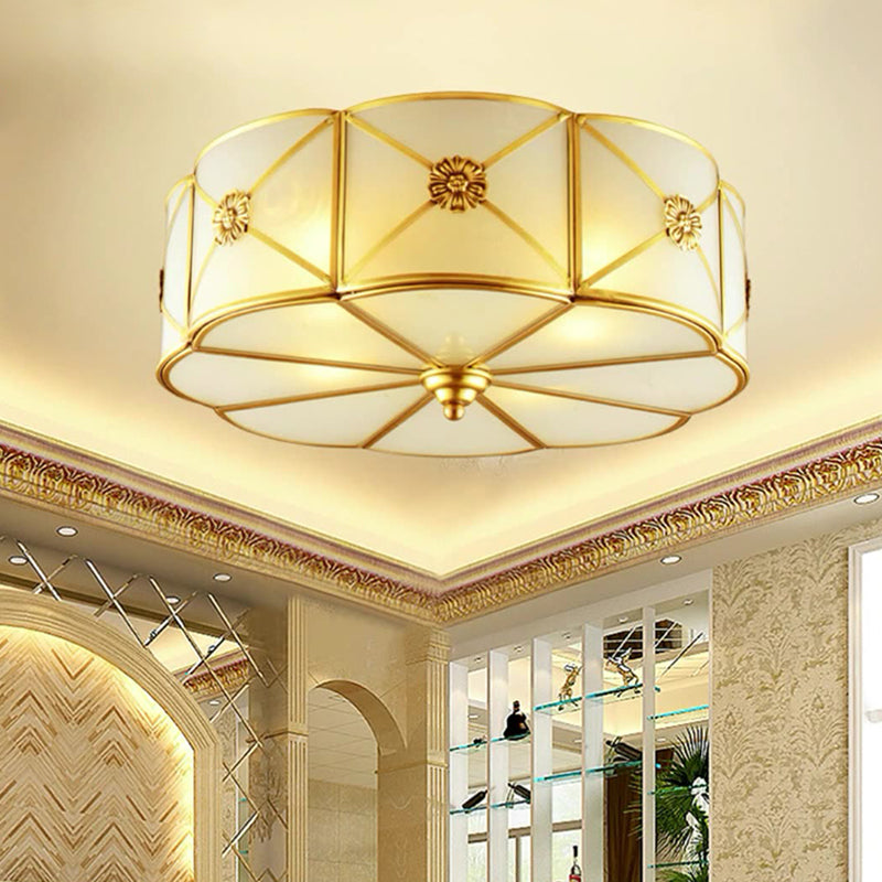 Traditional European Cylinder Copper Glass 3/4/6 Light Flush Mount Ceiling Light For Bedroom