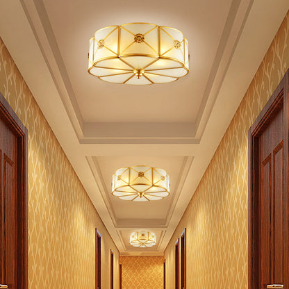 Traditional European Cylinder Copper Glass 3/4/6 Light Flush Mount Ceiling Light For Bedroom