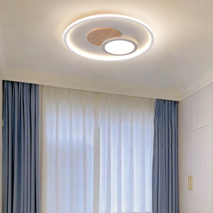 Contemporary Nordic Round Acrylic Aluminum Wood LED Flush Mount Ceiling Light For Bedroom