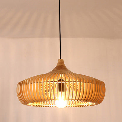 Traditional Japanese Round Wood 1-Light Pendant Light For Living Room