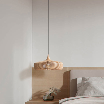 Traditional Japanese Round Wood 1-Light Pendant Light For Living Room