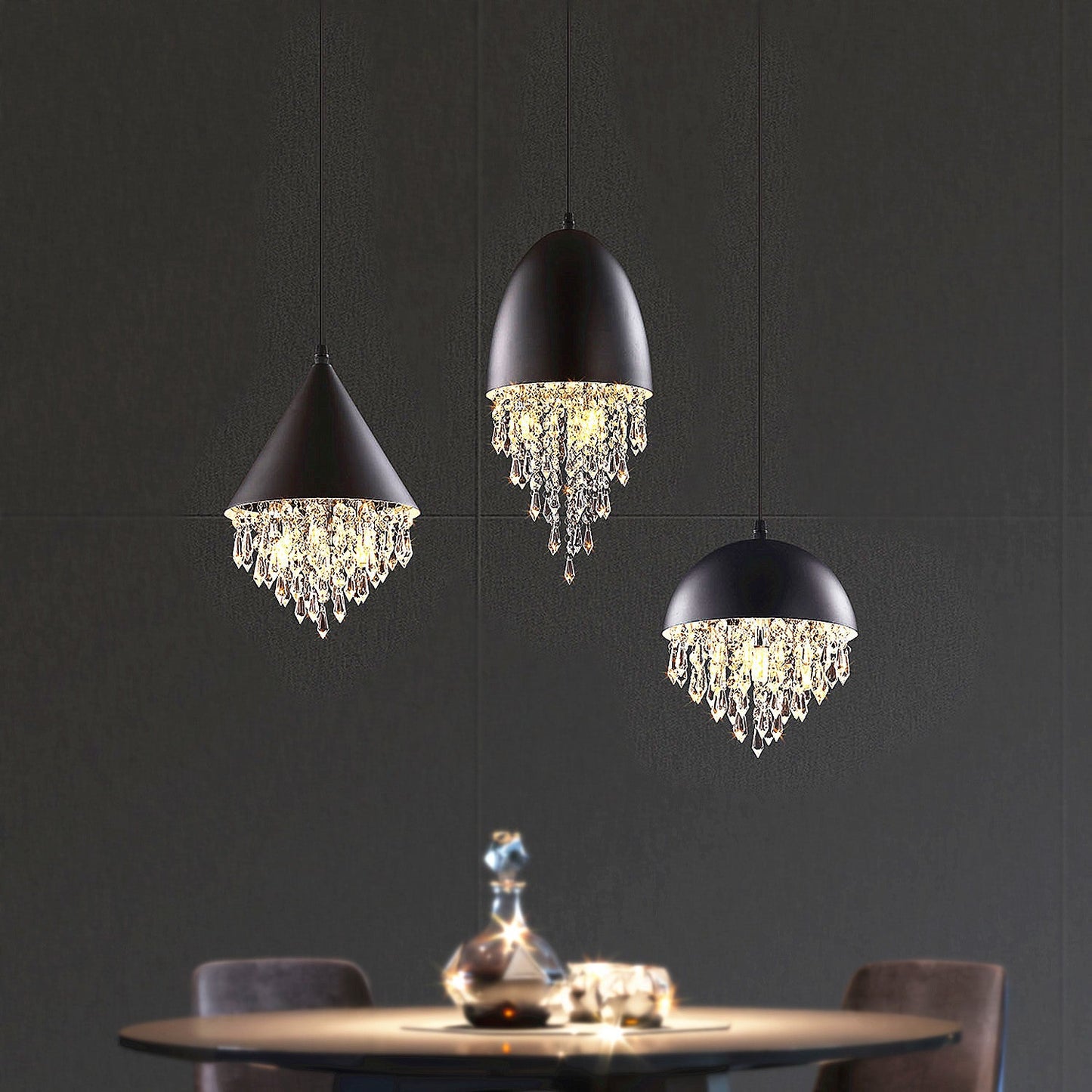 Contemporary Scandinavian Dome Aluminum Stainless Steel Crystal 3-Light Pendant Light For Bedroom