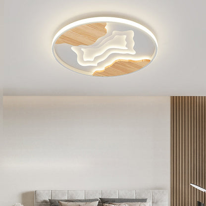 Contemporary Scandinavian Round Rubberwood Acrylic LED Flush Mount Ceiling Light For Bedroom