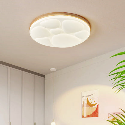 Modern Minimalist Round Rubberwood Iron Acrylic LED Flush-Mount Ceiling Light For Bedroom