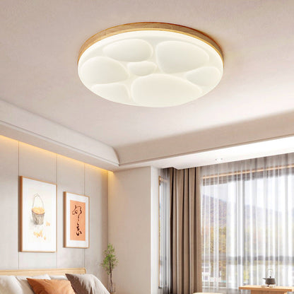 Modern Minimalist Round Rubberwood Iron Acrylic LED Flush-Mount Ceiling Light For Bedroom