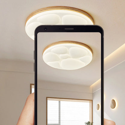 Modern Minimalist Round Rubberwood Iron Acrylic LED Flush-Mount Ceiling Light For Bedroom