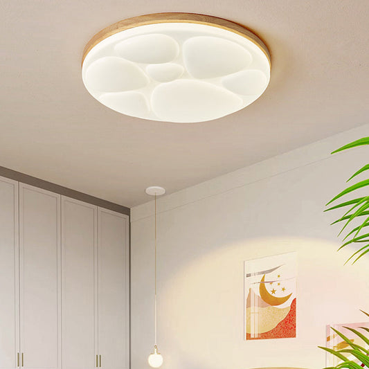Modern Minimalist Round Rubberwood Iron Acrylic LED Flush-Mount Ceiling Light For Bedroom