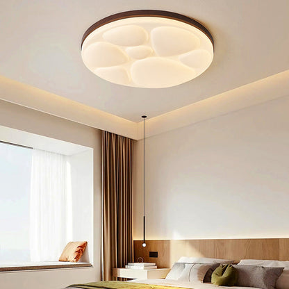 Modern Minimalist Round Rubberwood Iron Acrylic LED Flush-Mount Ceiling Light For Bedroom