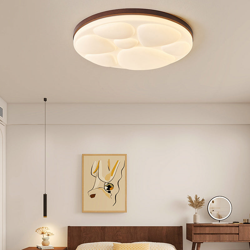 Modern Minimalist Round Rubberwood Iron Acrylic LED Flush-Mount Ceiling Light For Bedroom