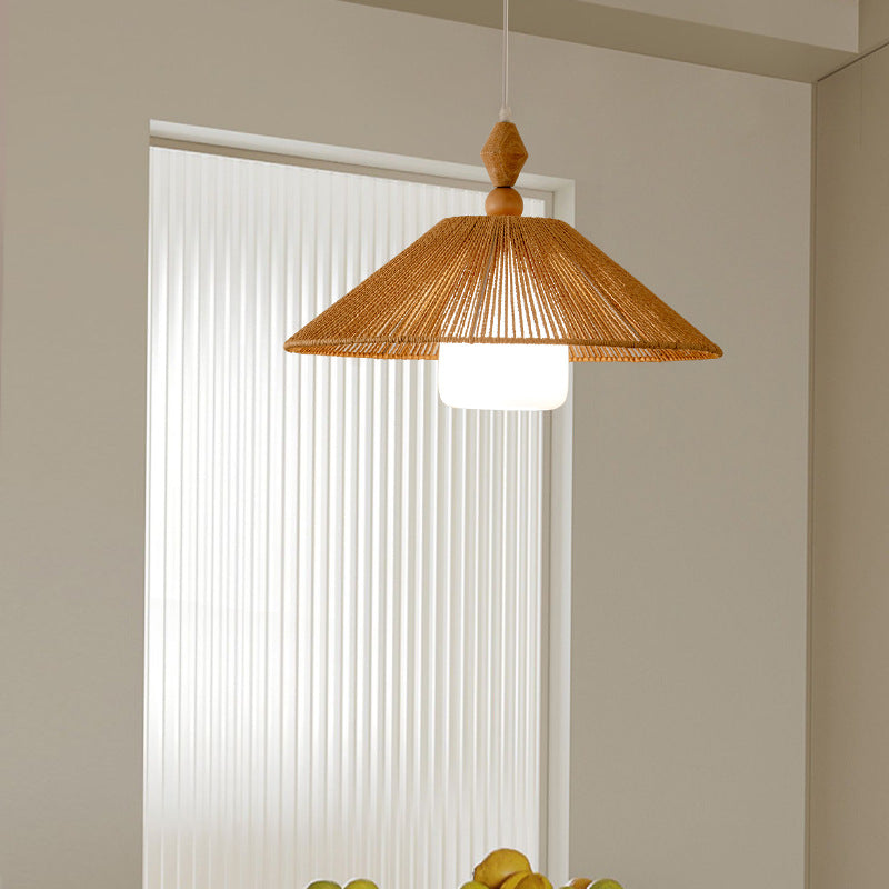 Traditional Japanese Cone Wood Paper Rope 1-Light Pendant Light For Living Room
