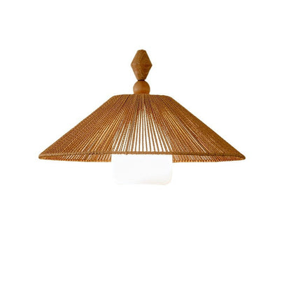 Traditional Japanese Cone Wood Paper Rope 1-Light Pendant Light For Living Room