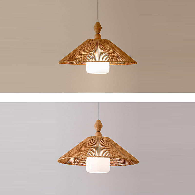 Traditional Japanese Cone Wood Paper Rope 1-Light Pendant Light For Living Room
