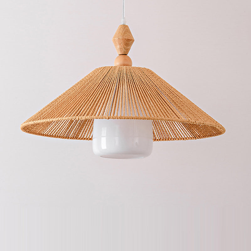 Traditional Japanese Cone Wood Paper Rope 1-Light Pendant Light For Living Room