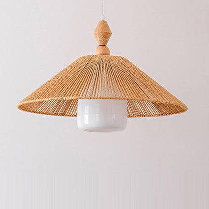 Traditional Japanese Cone Wood Paper Rope 1-Light Pendant Light For Living Room