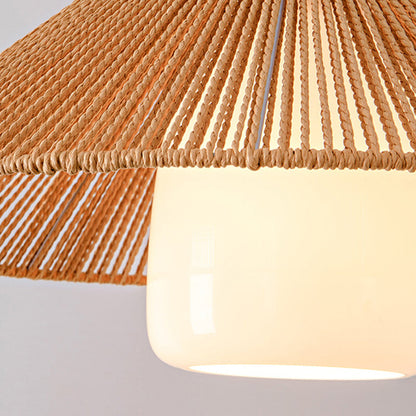 Traditional Japanese Cone Wood Paper Rope 1-Light Pendant Light For Living Room
