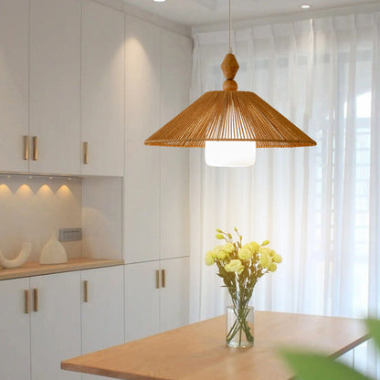 Traditional Japanese Cone Wood Paper Rope 1-Light Pendant Light For Living Room