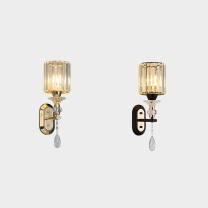 Modern Luxury Cylinder Metal Crystal 1-Light Wall Sconce Lamp For Bedroom