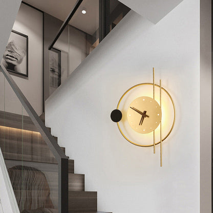 Modern Eclectic Clock Round Iron Acrylic Black Walnut Wood LED Wall Sconce Lamp For Living Room