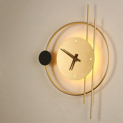 Modern Eclectic Clock Round Iron Acrylic Black Walnut Wood LED Wall Sconce Lamp For Living Room