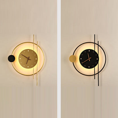 Modern Eclectic Clock Round Iron Acrylic Black Walnut Wood LED Wall Sconce Lamp For Living Room