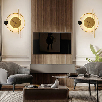Modern Eclectic Clock Round Iron Acrylic Black Walnut Wood LED Wall Sconce Lamp For Living Room
