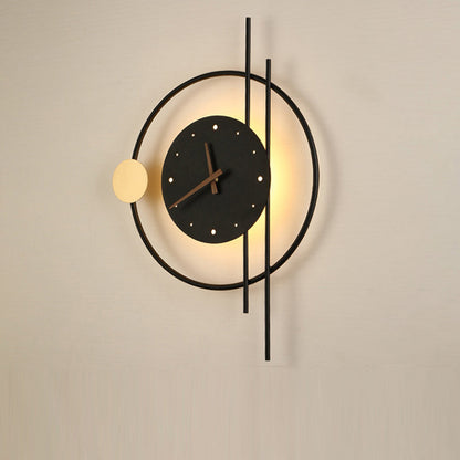 Modern Eclectic Clock Round Iron Acrylic Black Walnut Wood LED Wall Sconce Lamp For Living Room