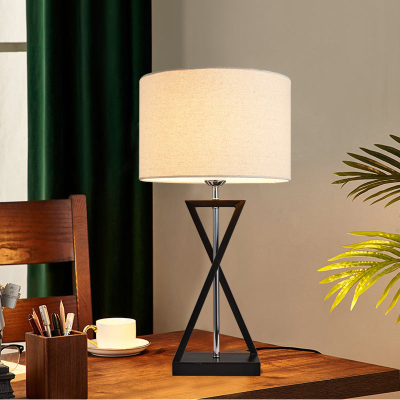 Modern Minimalist Cylinder Iron Linen 1-Light Table Lamp For Bedroom