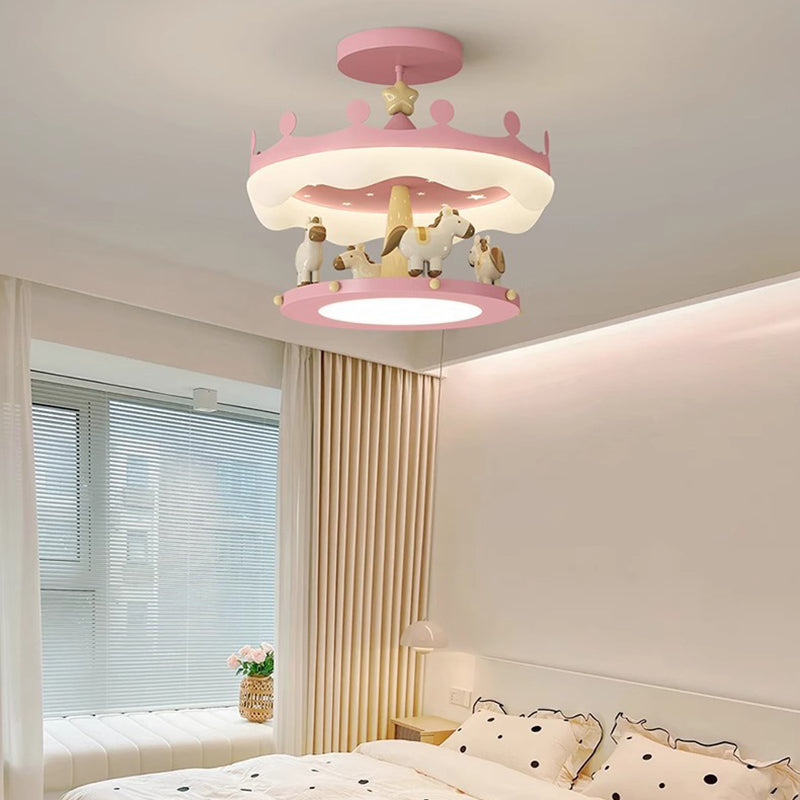 Modern Eclectic Kids Carousel Iron PE LED Semi-Flush Mount Ceiling Light For Bedroom