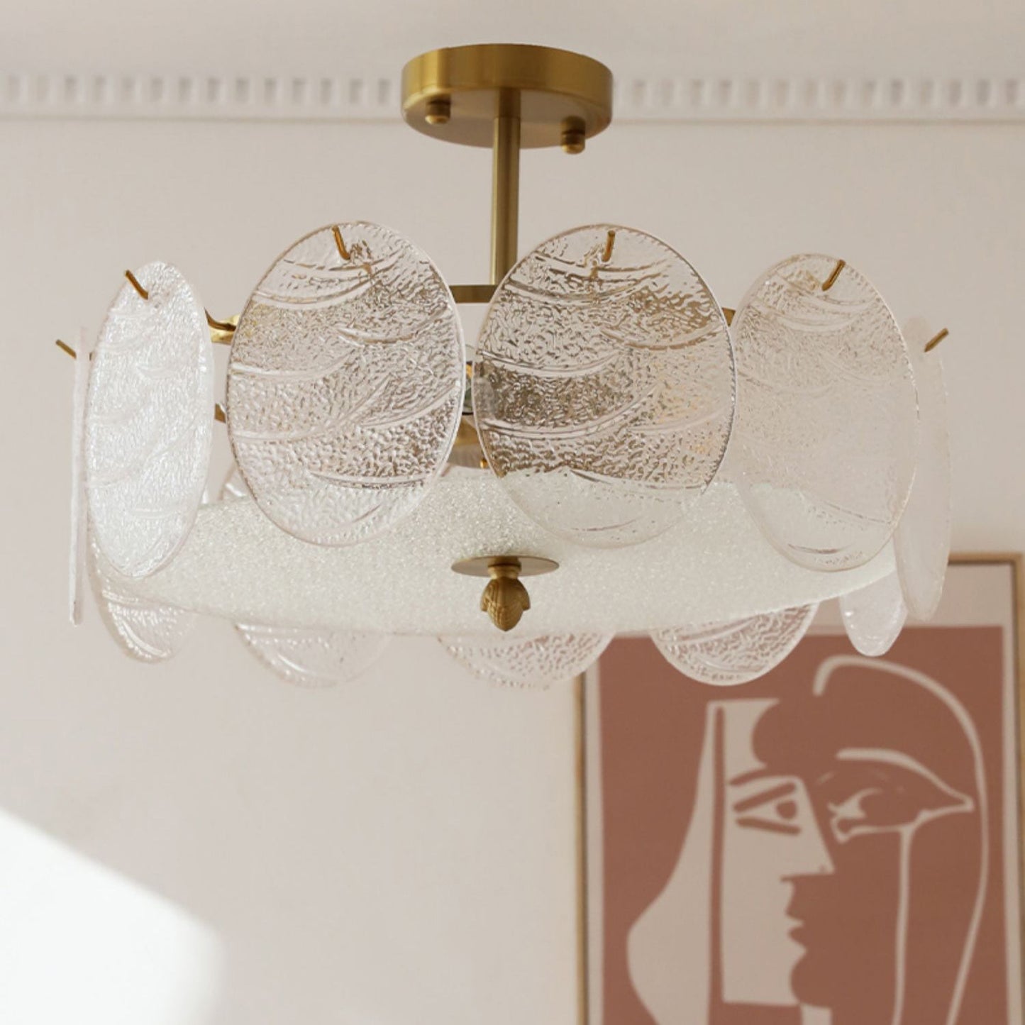 Modern Mid-Century Circle Iron Glass 6-Light Semi-Flush Mount Ceiling Light For Living Room