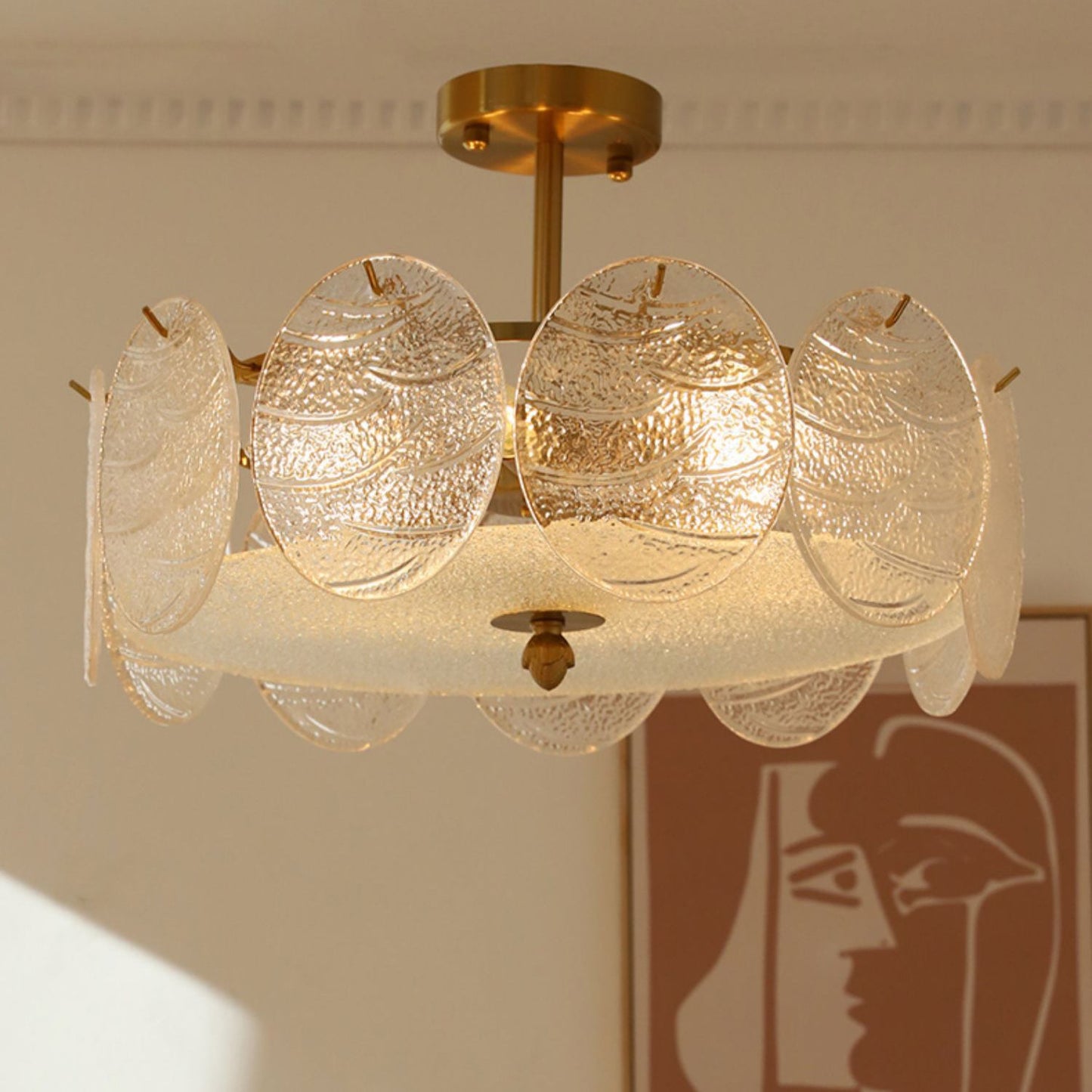 Modern Mid-Century Circle Iron Glass 6-Light Semi-Flush Mount Ceiling Light For Living Room