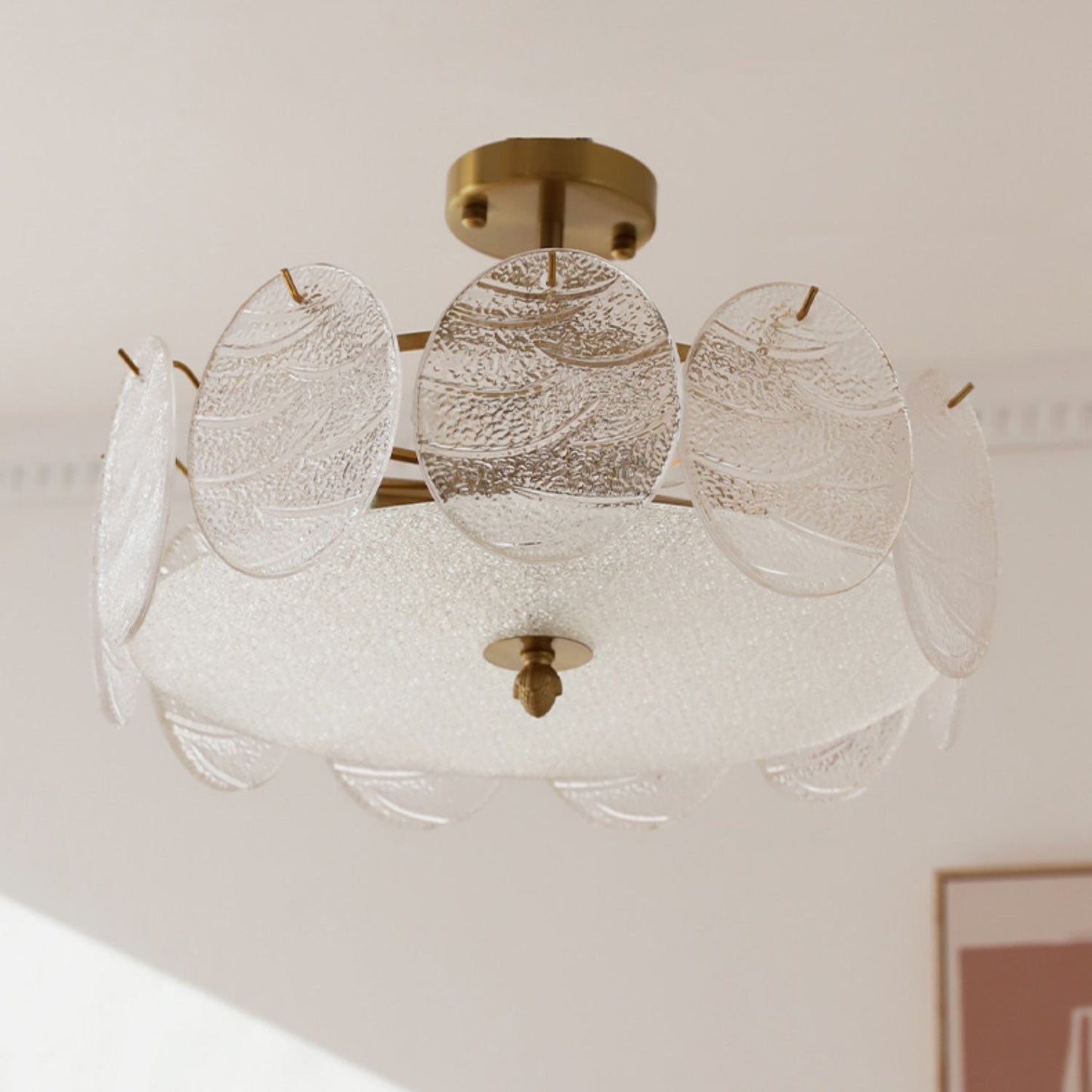 Modern Mid-Century Circle Iron Glass 6-Light Semi-Flush Mount Ceiling Light For Living Room