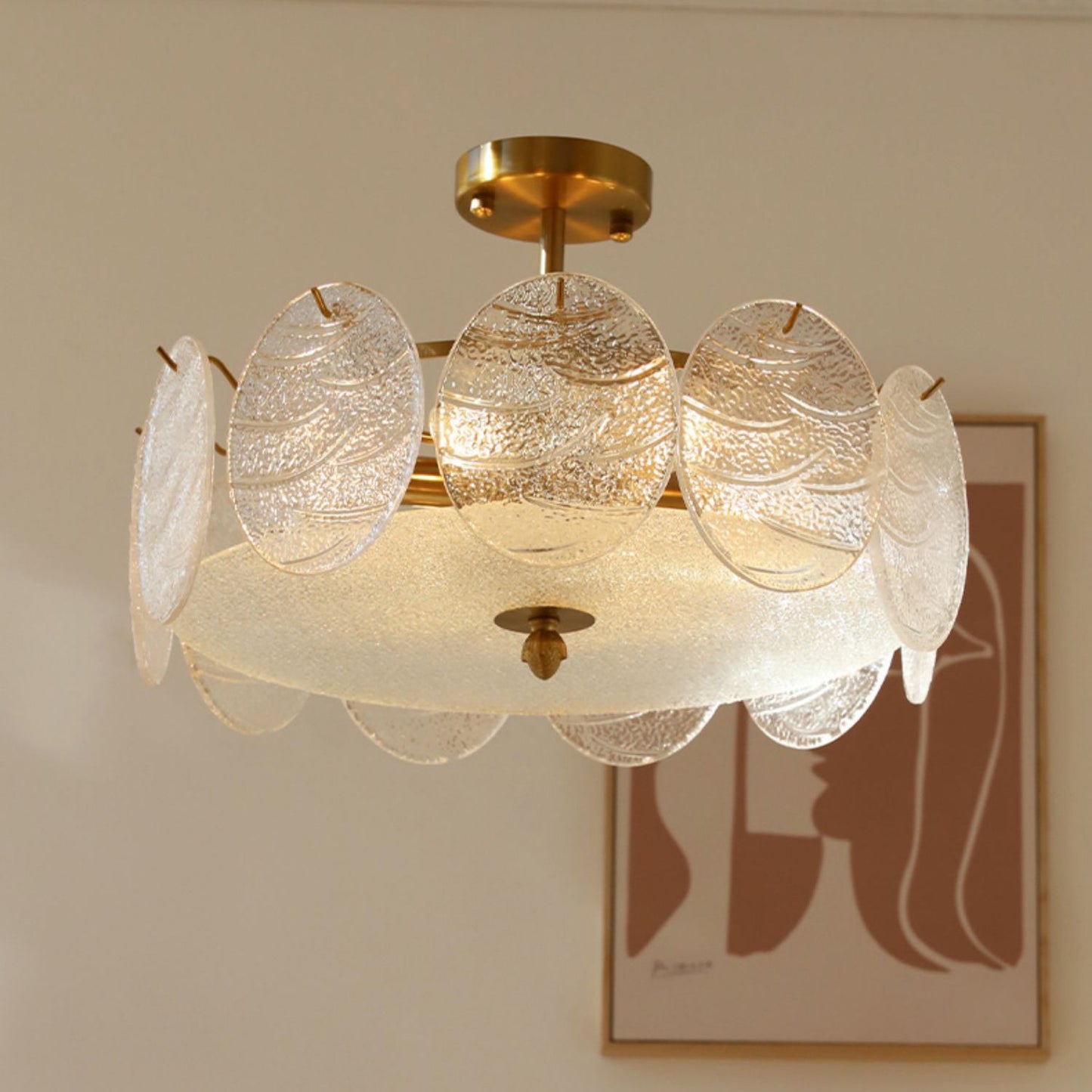 Modern Mid-Century Circle Iron Glass 6-Light Semi-Flush Mount Ceiling Light For Living Room