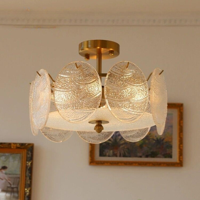 Modern Mid-Century Circle Iron Glass 6-Light Semi-Flush Mount Ceiling Light For Living Room