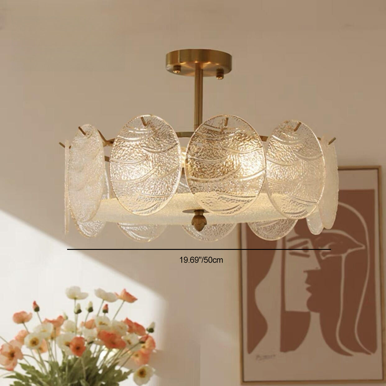 Modern Mid-Century Circle Iron Glass 6-Light Semi-Flush Mount Ceiling Light For Living Room